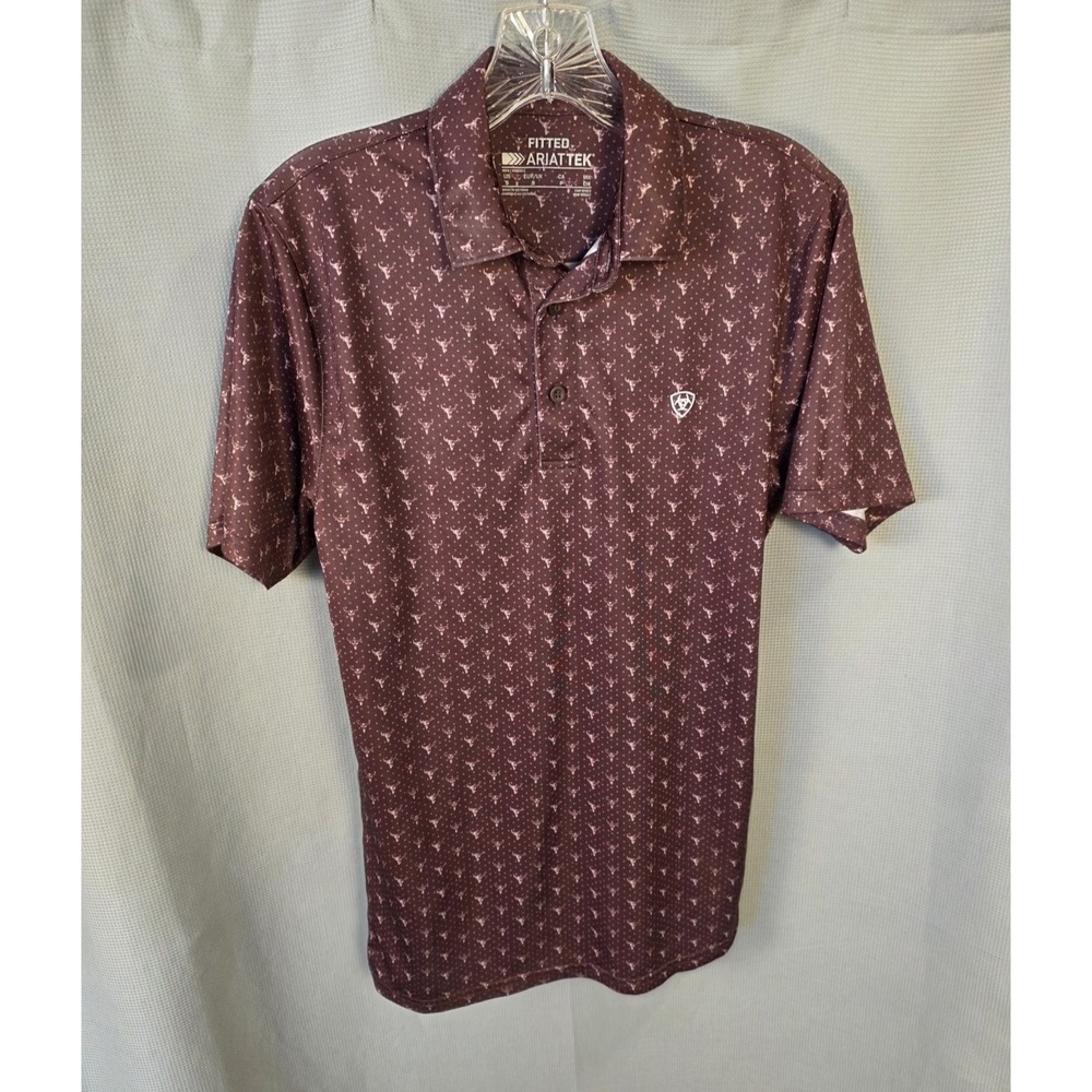 Ariat TEK Polo Shirt Mens Small Brown Cow Skull AOP Golf Performance